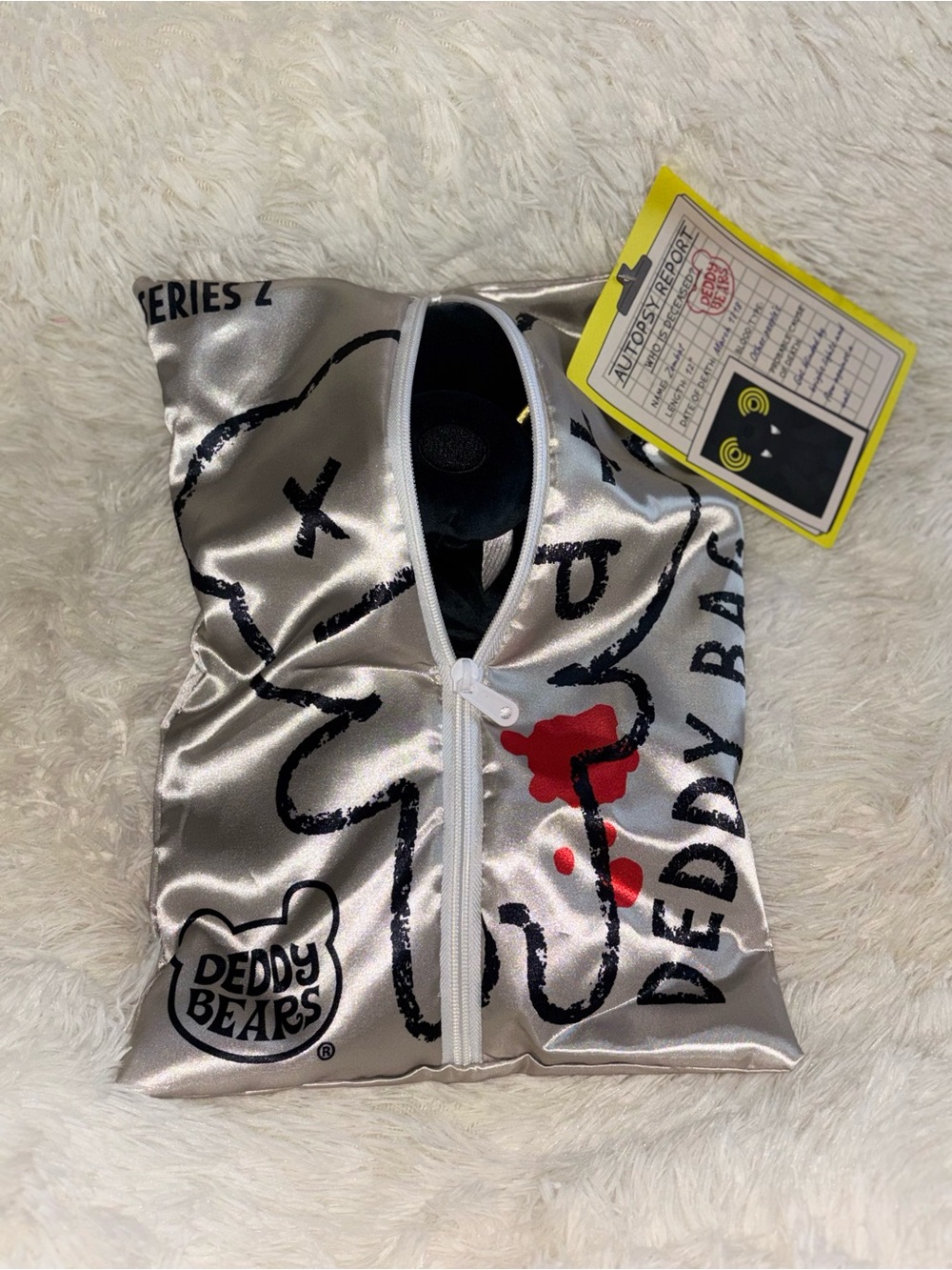 Deddy Bears Silver Metallic Body Bag with Novelty Autopsy Tag 💀🐻 NWT